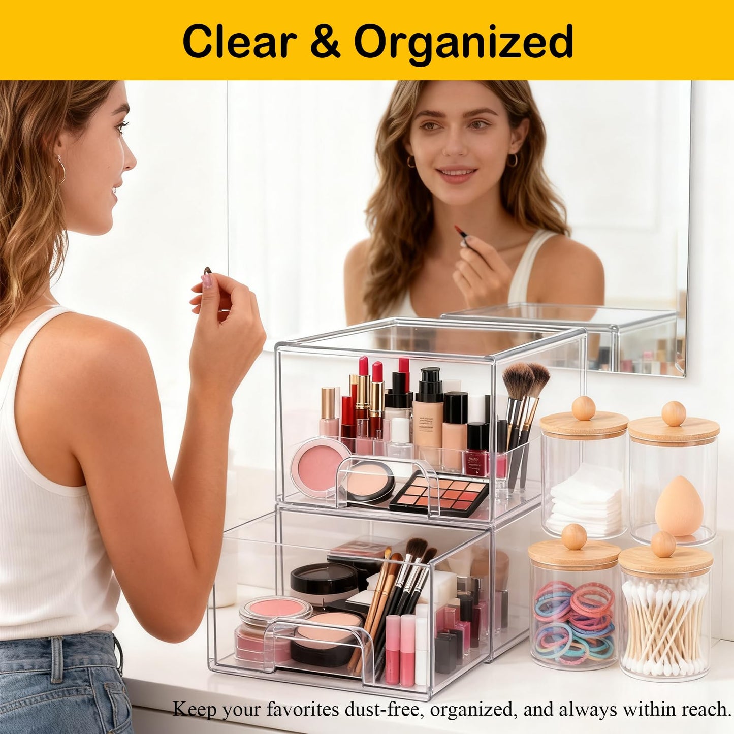 Qeosvve 6 Pack Clear Stackable Storage Drawers & Qtip Holder Dispenser with Bamboo Lids, Clear Plastic Storage Containers for Bathroom, Vanity, Undersink, Kitchen Cabinets, Pantry, Home Organization