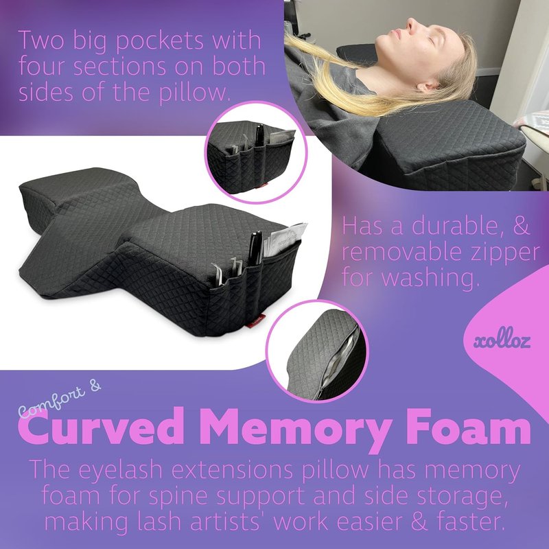 Lash Pillow for Eyelash Extensions - Curved Memory Foam Bed Pillow, Ergonomic Head Rest with Neck Support, Side Pockets for Tools, Fits Lash Beds for Tech – Black