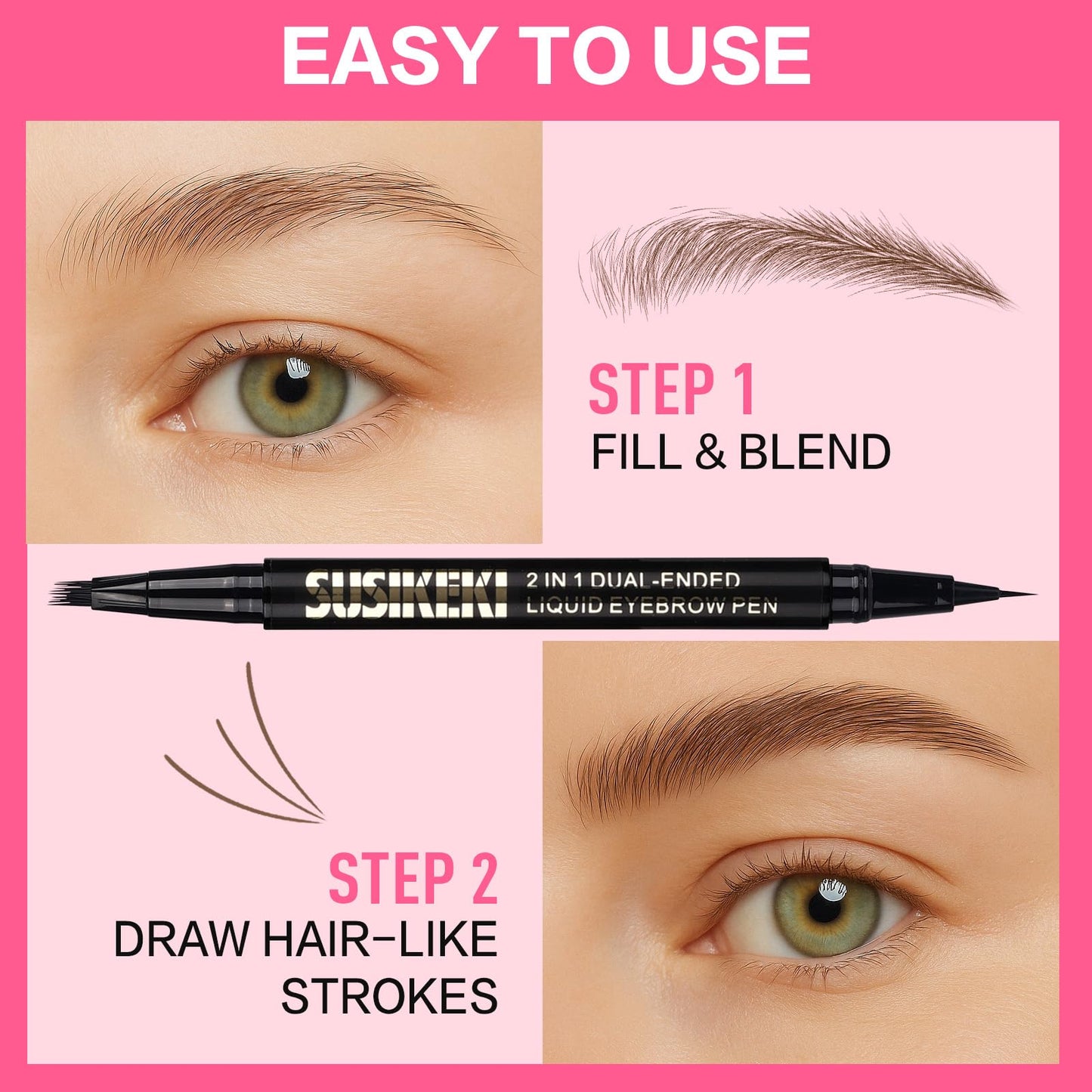SUSIKEKI Dual Ended Microblading Eyebrow Pen - 2 in 1 Liquid Eyebrow Pencil with Brow-Fection Angled Brush & Precise Detail Brush-Tip, Shapes & Fills Natural Looking Brows, Lasts All-Day, Soft Black