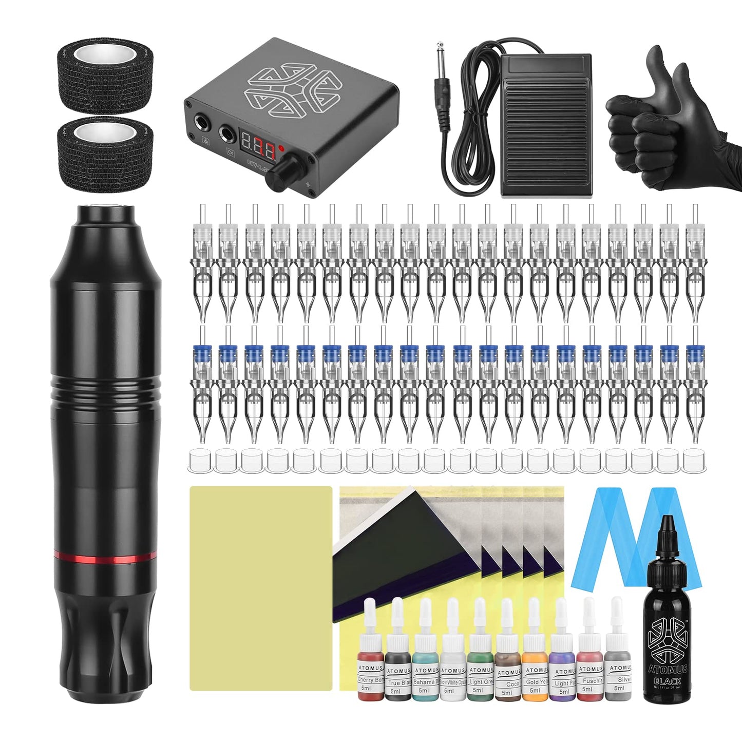 Tattoo Pen Kit ATOMUS Cartridge Tattoo Machine Kit Complete Tattoo Cartridge Needles Power Supply Inks Caps Kit for Tattoo Beginners Professional