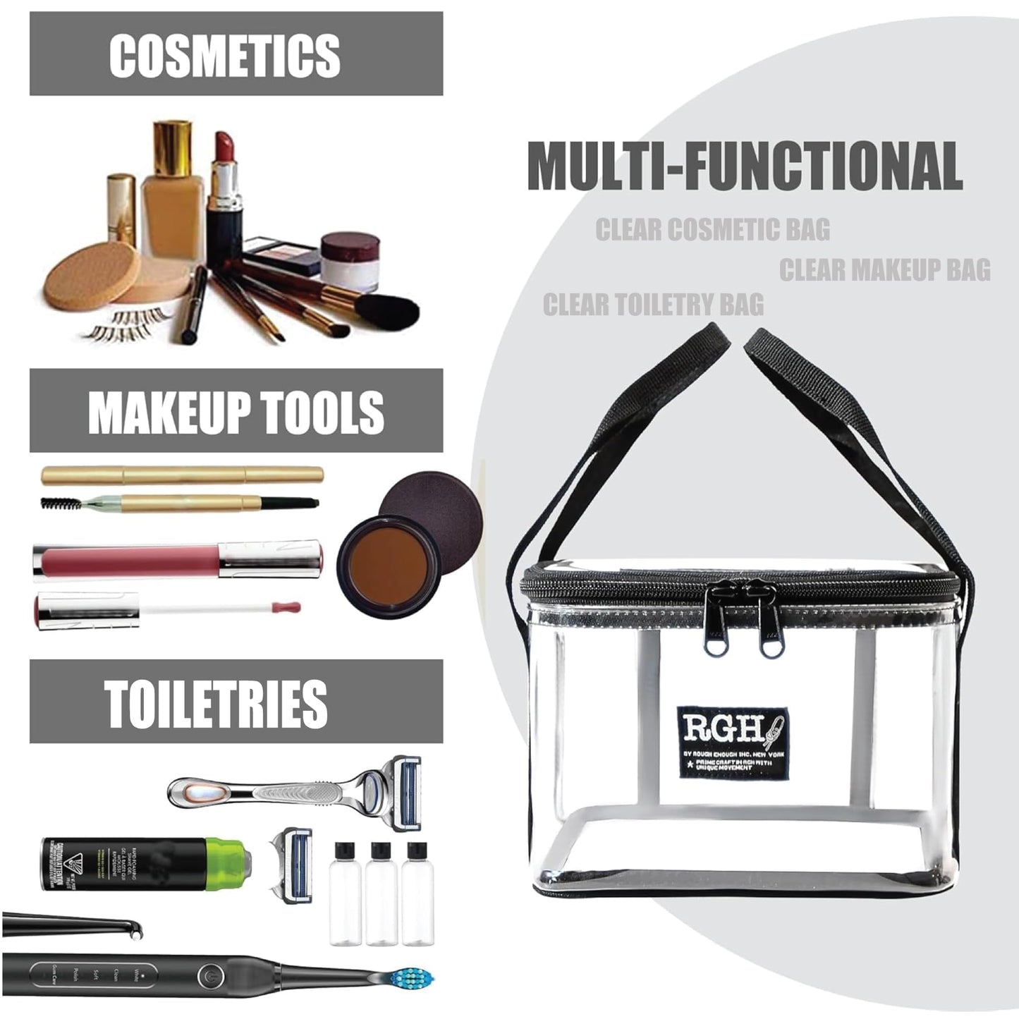 Rough Enough Clear Cosmetic Bag Large Makeup Pouch for Purse Toiletry Organizer for Travel Women with Ykk Zipper Sturdy Handle Water Resistant
