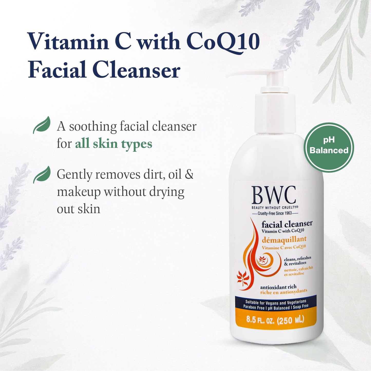 Beauty Without Cruelty Vitamin C Facial Cleanser with CoQ10 – Foaming Face Wash Infused with Essential Oils & Botanical Extracts + Cotton Round