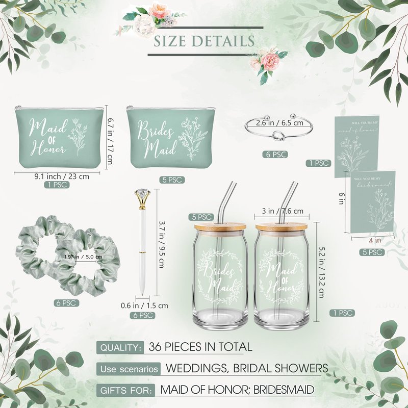 Irenare 36 Pcs Bridesmaid Proposal Gifts Set of 6 Will You Be My Bridesmaid 16 oz Glass Cup Brides Maid Cosmetic Bags Cards Bracelets Bridal Shower Favor Wedding Supplies Bachelorette Party(Green)