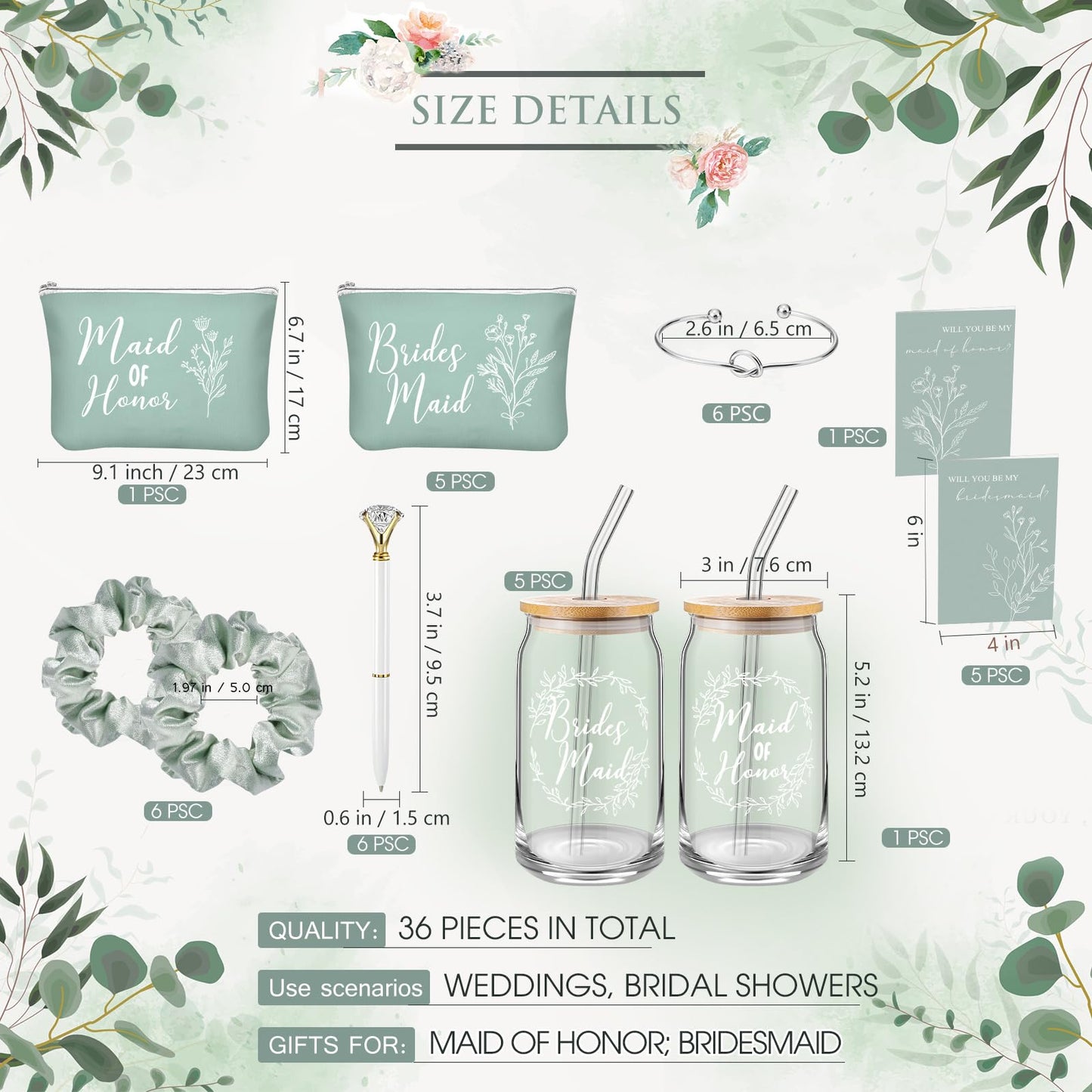 Irenare 36 Pcs Bridesmaid Proposal Gifts Set of 6 Will You Be My Bridesmaid 16 oz Glass Cup Brides Maid Cosmetic Bags Cards Bracelets Bridal Shower Favor Wedding Supplies Bachelorette Party(Green)