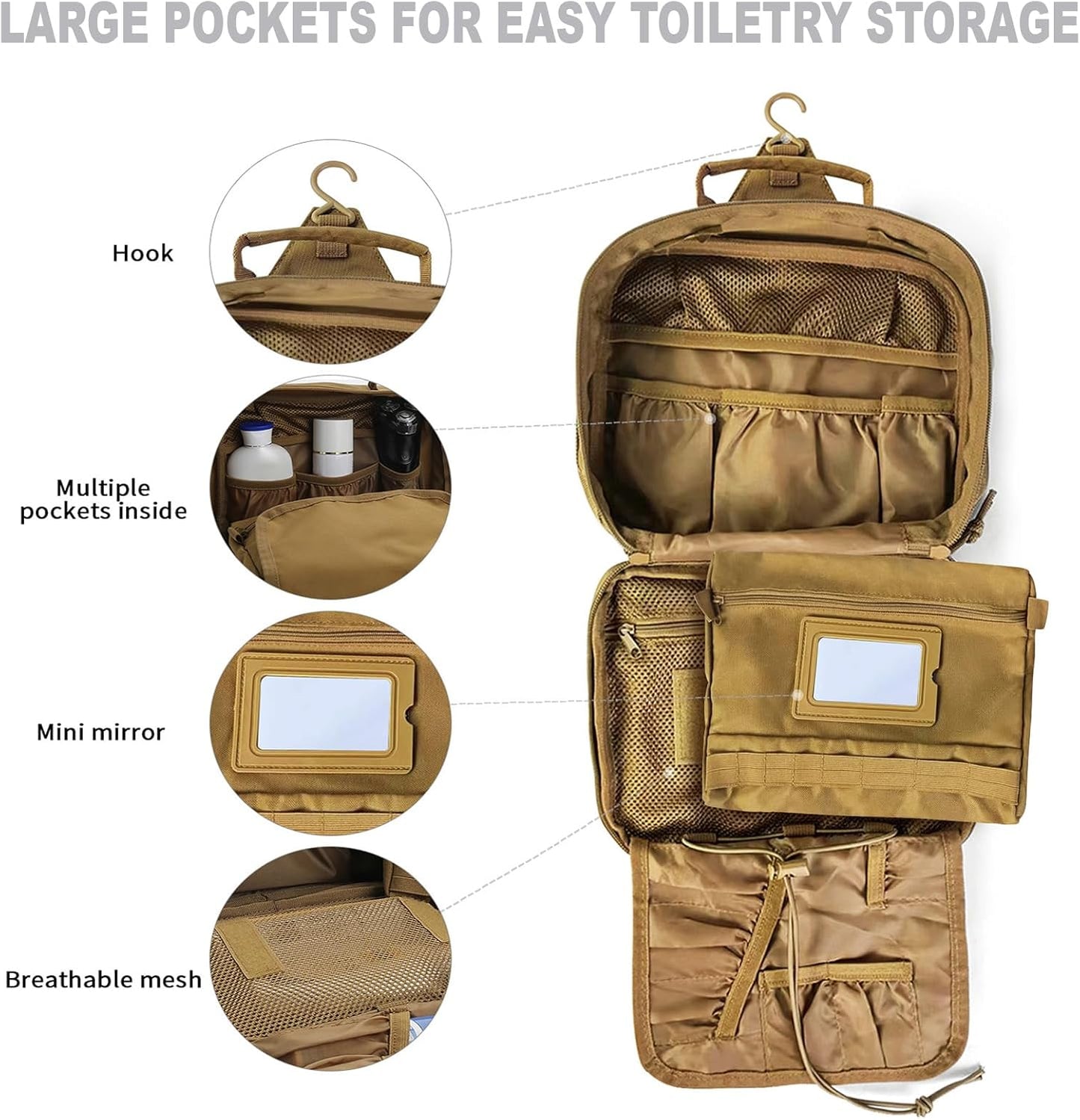 Tactical Travel Toiletry Bag - Hanging Organizer for Men & Women | Dopp Kit for Camping & Short Trips - Khaki