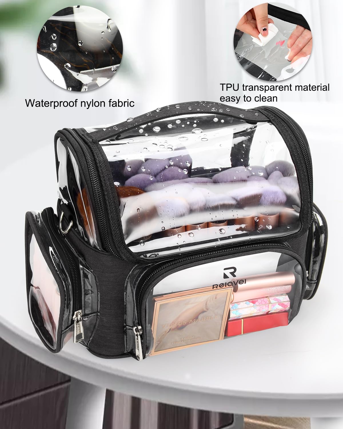 NAONAYA Makeup Brush Bag, Clear Makeup Brush Holder Professional Makeup Artist Travel Case Waterproof Cosmetic Organizer Bag, Full Open Easy to Access, with Adjustable Shoulder Strap and Dividers