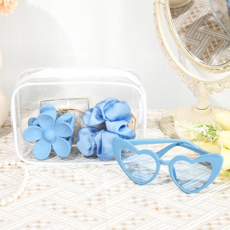 DEEKA 30 Pcs Bridesmaid Proposal Bag Set Gift Clear Makeup Toiletry Bag Bachelorette Party Favors Sunglasses Flower Claw Clips Scrunchies Knot Bracelets Bridal Wedding Party Gifts (Blue)
