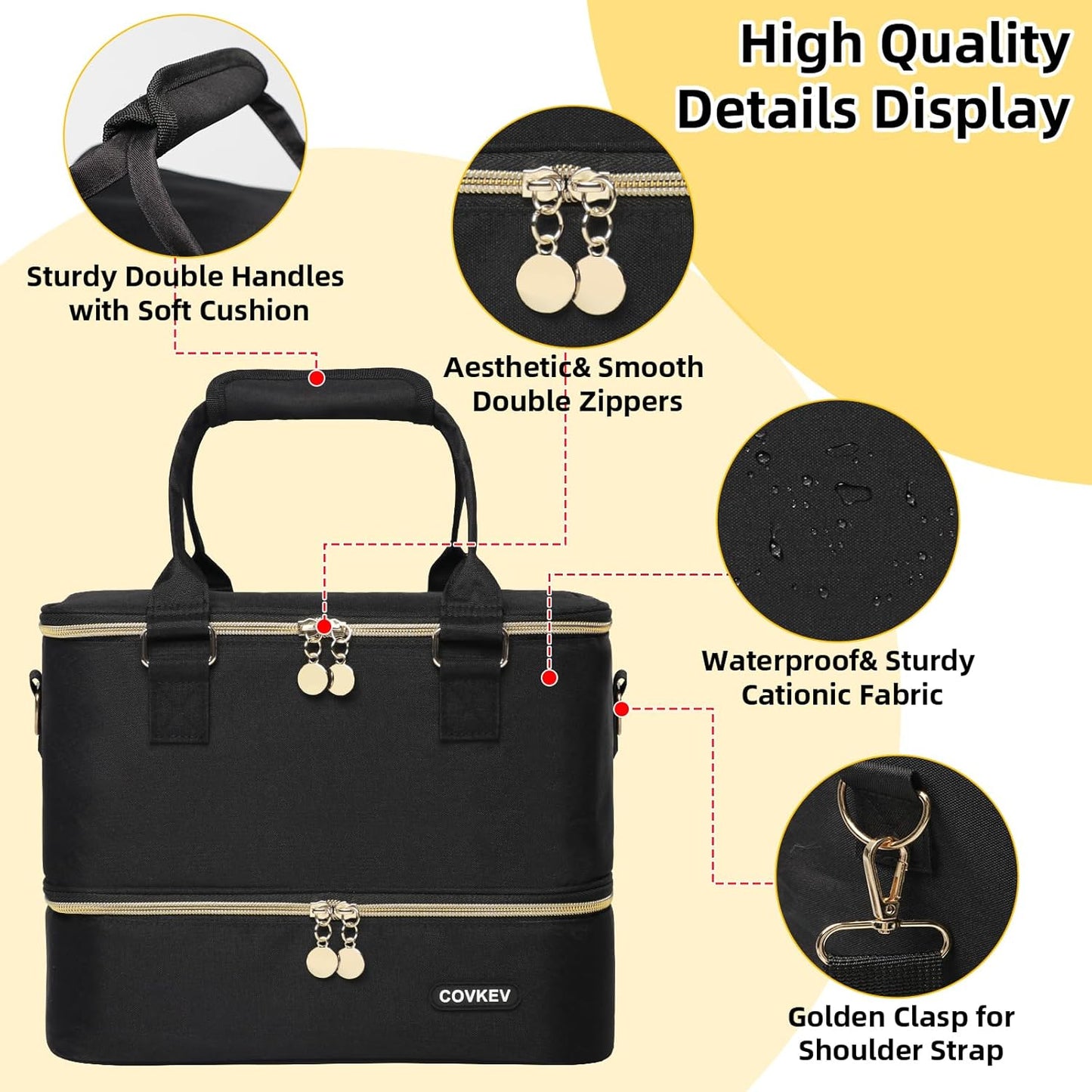 Nail Polish Organizer - Holds 80 Bottles & Nail Lamp | Double Layer Travel Case with Handle - Black & Gold