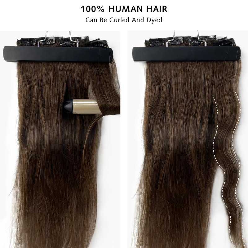 Rose bud Clip in Hair Extensions Real Human Hair 7Pcs 16Clips 14Inch 130g Natural Thick Hair Extensions Human Hair Medium Brown to Dark Blonde