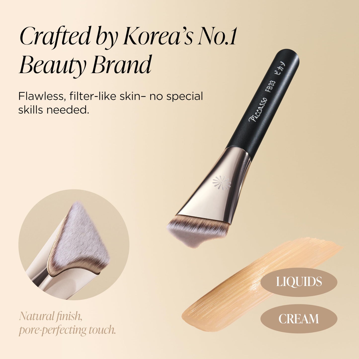 Piccasso FB33 Foundation Brush With Sponge 6P – Tapping Cover Brush for Liquid & Cream Foundation, Fills Pores with Soft Bristles for Smooth and Flawless Face Makeup, Professional Korean Beauty Tool