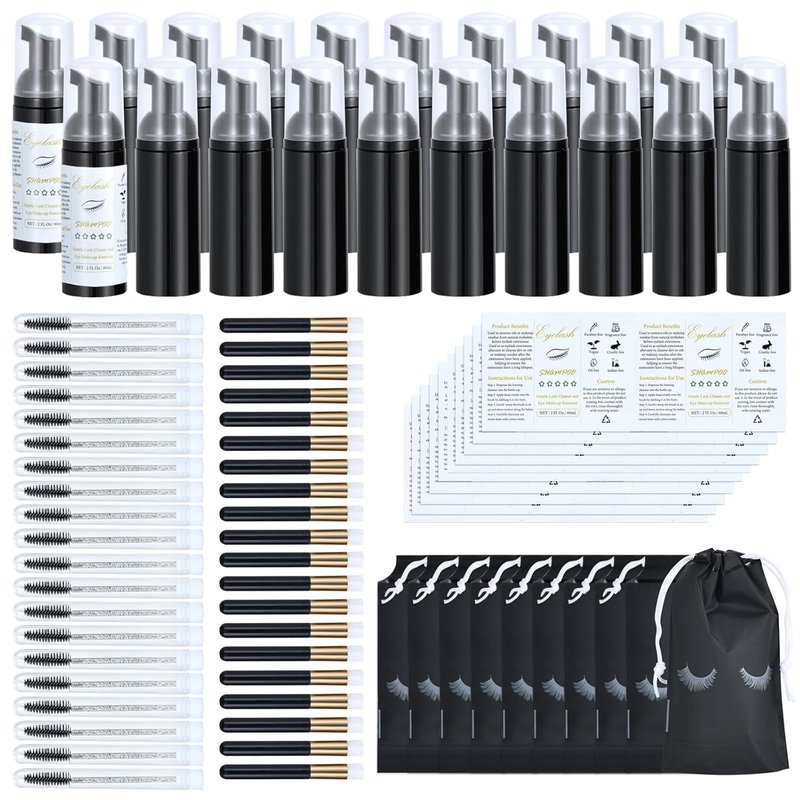 Lash Shampoo Bottle Brushes Set - 100 Pcs with Foam Pump Dispensers, Wands & Labels | Eyelash Extensions Aftercare (Black)