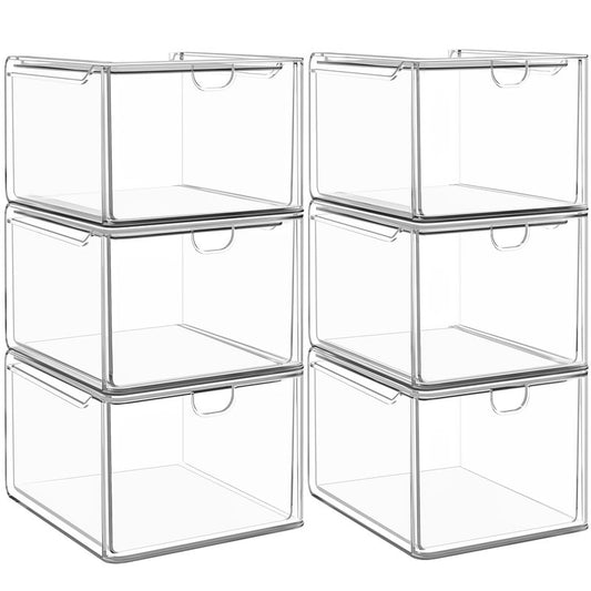 caktraie 6 Pack Small Clear Stackable Acrylic Storage Boxes for Art Tool & Sketch, Stroage Drawers, Makeup Organizer, Plastic Storage Bins For Vanity, Kitchen Cabinets, Pantry, Home Organization