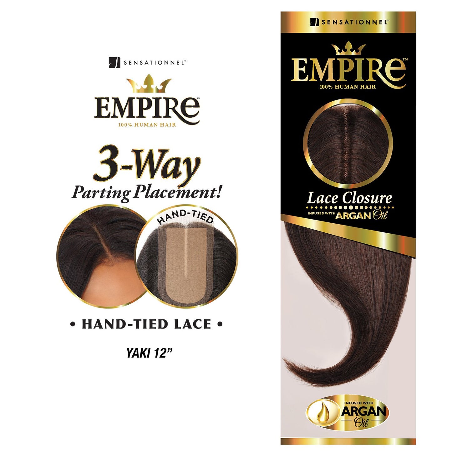 Sensationnel Empire humanhair lace closure - yaki 12 inch 3 way lacepart hand tied weaving closure (1 JETBLACK)