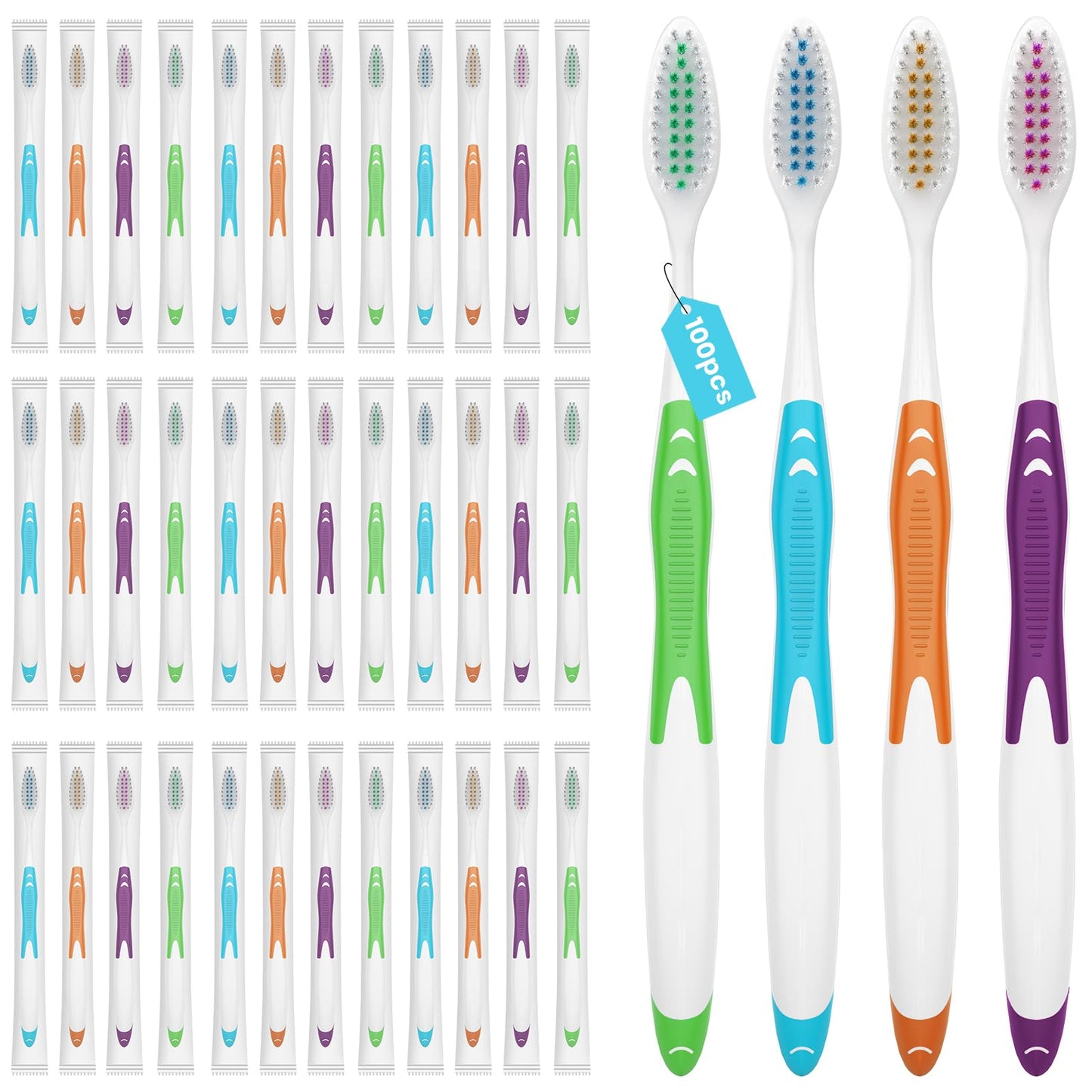 Frekare 100 Pack Individually Wrapped Bulk Toothbrushes for Adults & Kids, Disposable Tooth Brush, Medium Soft Bristles for Travel, Donations, Hotels