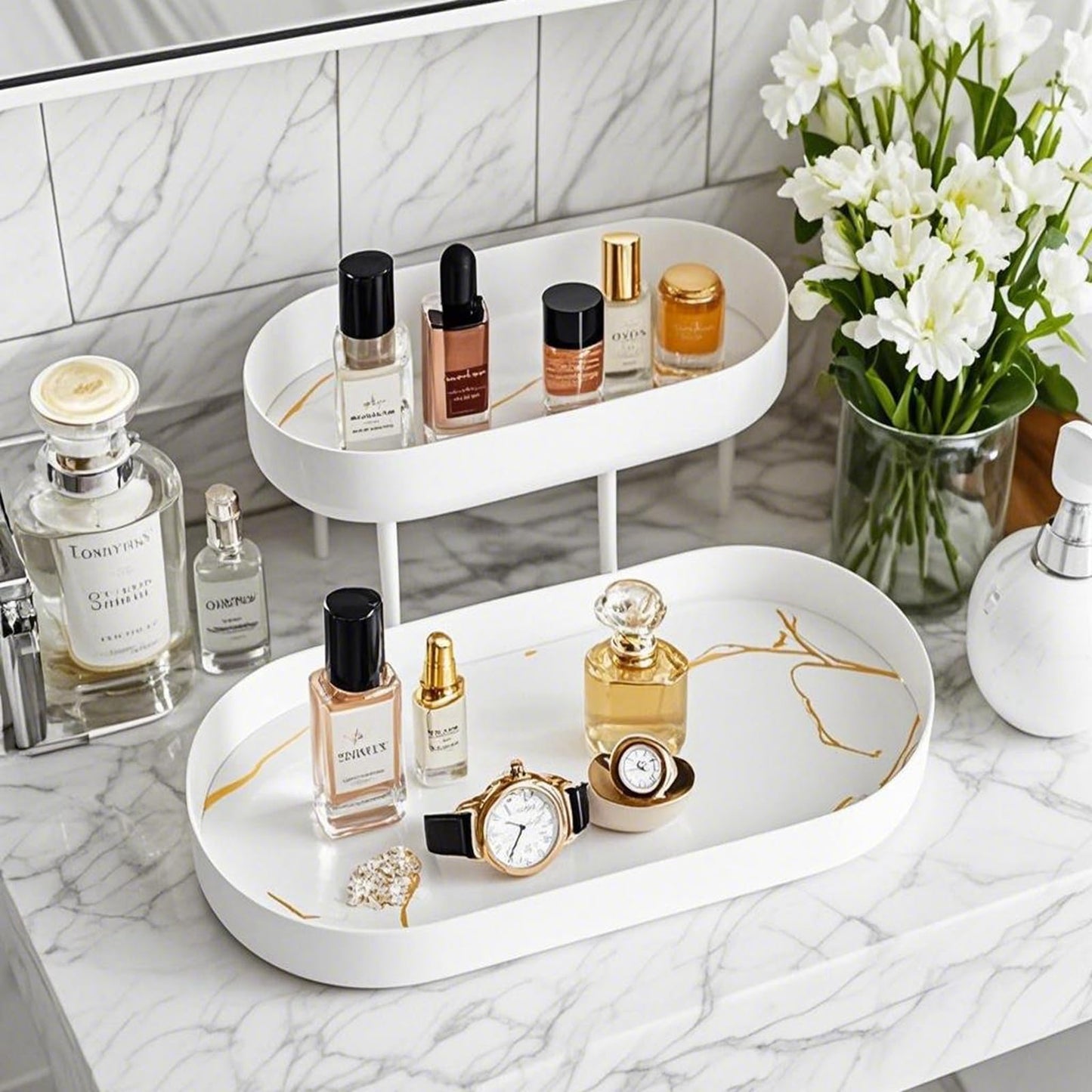 Modern White 2 Layer Metal Perfume Organizer with Marble Stripe Tray - Jewelry & Skincare Display Rack for Bathroom Dresser, Dresser Countertop