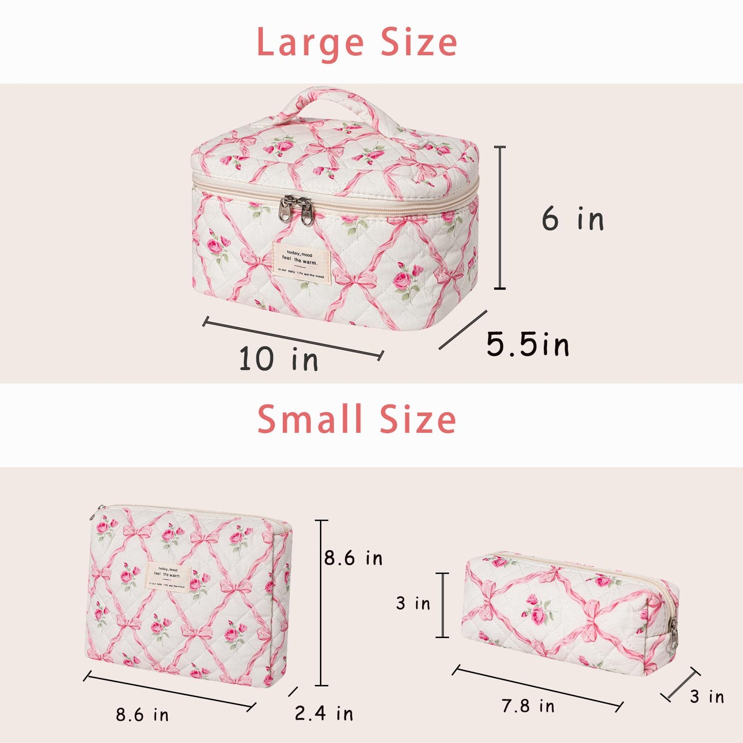 RSRSLEII 3Pcs Large Quilted Makeup Bag for Women and Girls, Cute Coquette Floral Cotton Cosmetic Bag, Aesthetic Travel Organized Toiletry Bags (3Pcs Pink Bows)