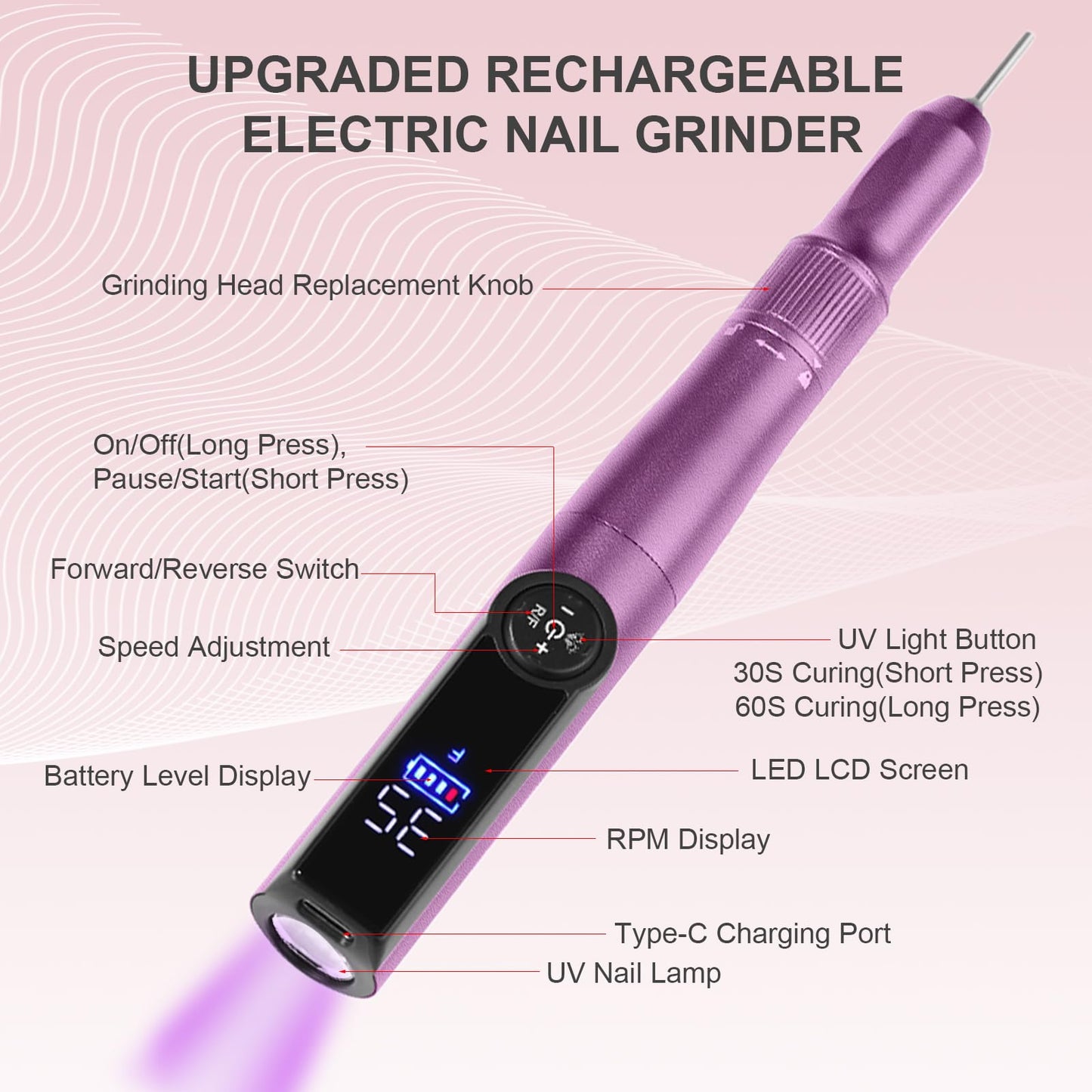 Electric Nail Drill Rechargeable Professional,2 in 1 Nail Grinder & UV Lamp Combo,35000 RPM,Portable Cordless Nail File Machine for Acrylic Nails,Gel Polishing,Shaping Nails,Manicure Art Tools