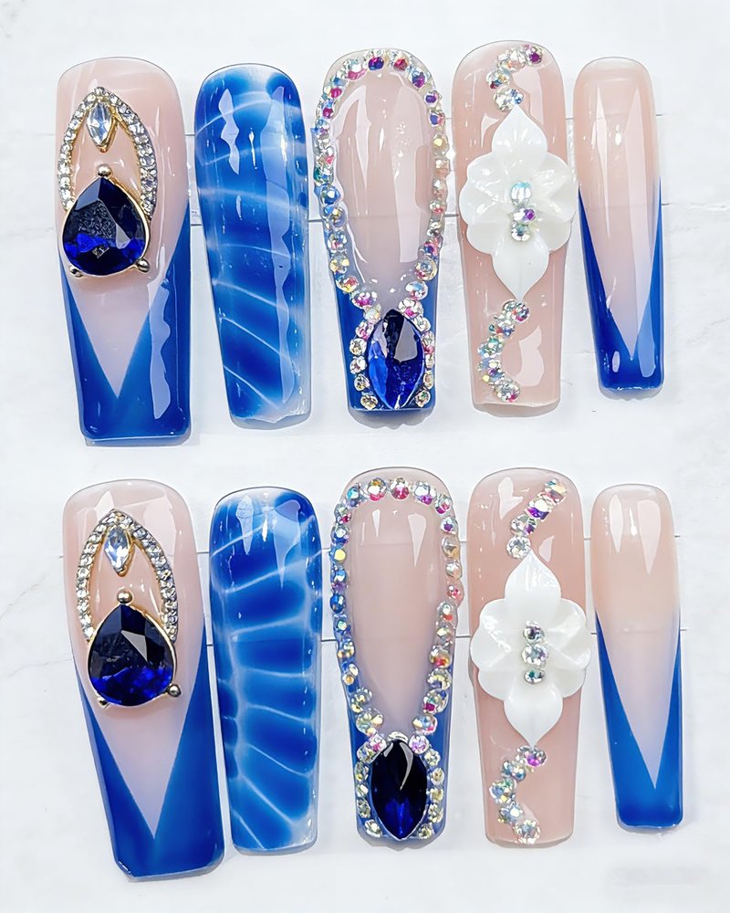 Luxury Handmade Coffin Press-On Nails - Long Length Blue Water Ripple Gem Flower Design | Glossy Full Cover Acrylic, 10pcs
