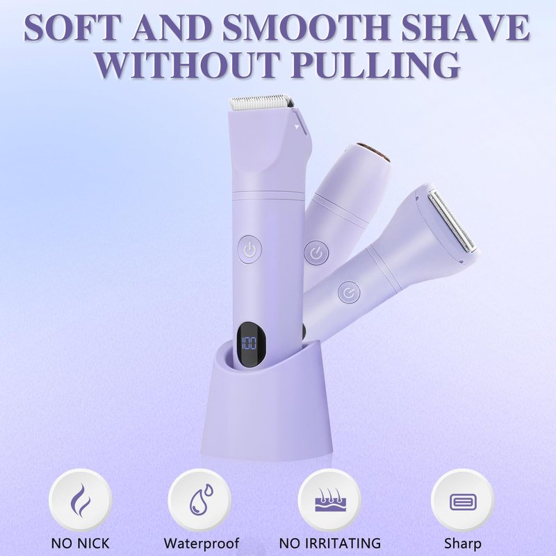 3-in-1 Bikini Trimmer for Women, IPX7 Waterproof Electric Shaver for Women-Rechargeable Electric Razors for Pubic, Facial & Body Hair Trimmer with LED Display, Travel Kit & Painless Blades (Purple)