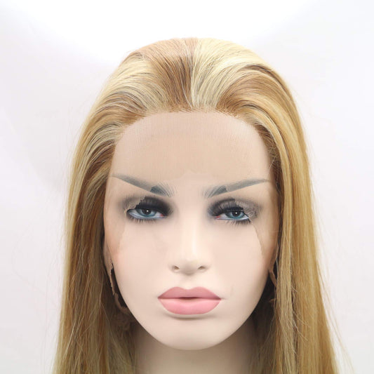 sylvia 24" Ombre Black to Brown Lace Front Wig with Blonde Tips Mixed Blonde Long Body Wave Synthetic Wig Natural Glueless Free Parting 180% Density Hair Replacement for Woman…