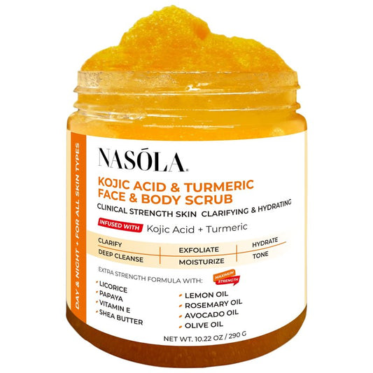 Nasola Kojic Acid Turmeric Face and Body Scrub - Moisturizing & Exfoliating Sugar Scrub with Shea Butter & Oils For All Skin Types - Removes Dead Skin for Hydrated Feel, Great Gifts For Women & Men