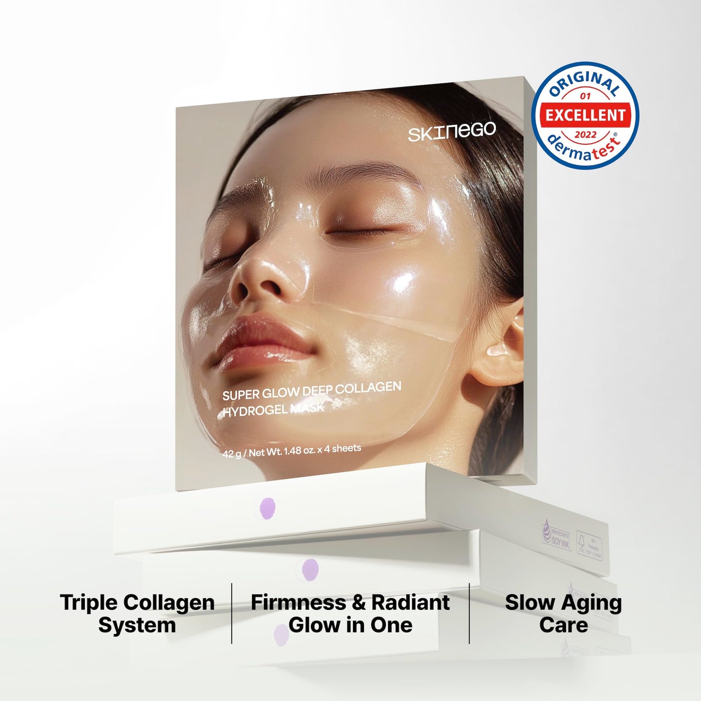 SKINEGO Pharmeus Super Glow Deep Collagen Hydrogel Mask 1.48 oz × 4 Sheets, 5,000,000ppb Hydrolyzed Collagen, Elasticity, Wrinkle Care & Radiance, Overnight K-Beauty Mask (4 Count (Pack of 1))