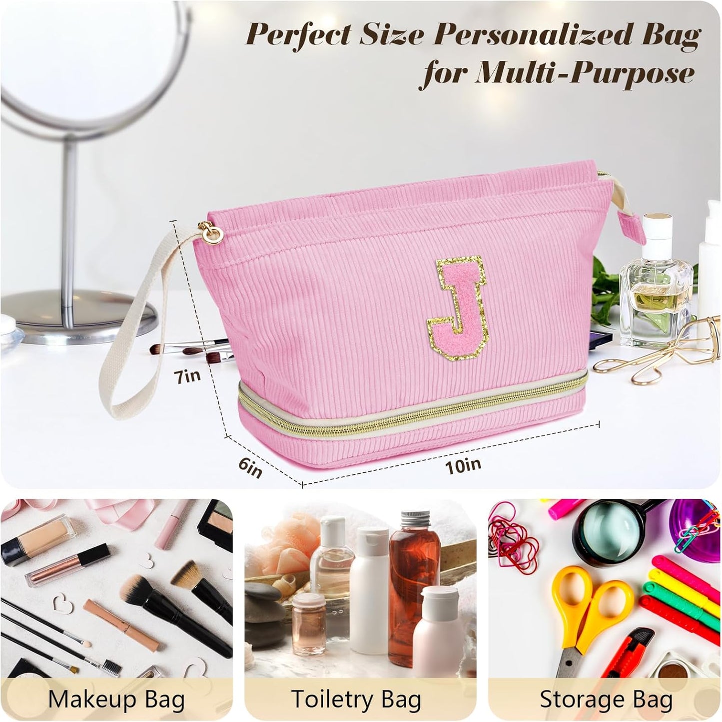 Personalized Initial Makeup Bag - Unique Birthday Gift for Girls & Women | Travel Cosmetic Bag - Pink C