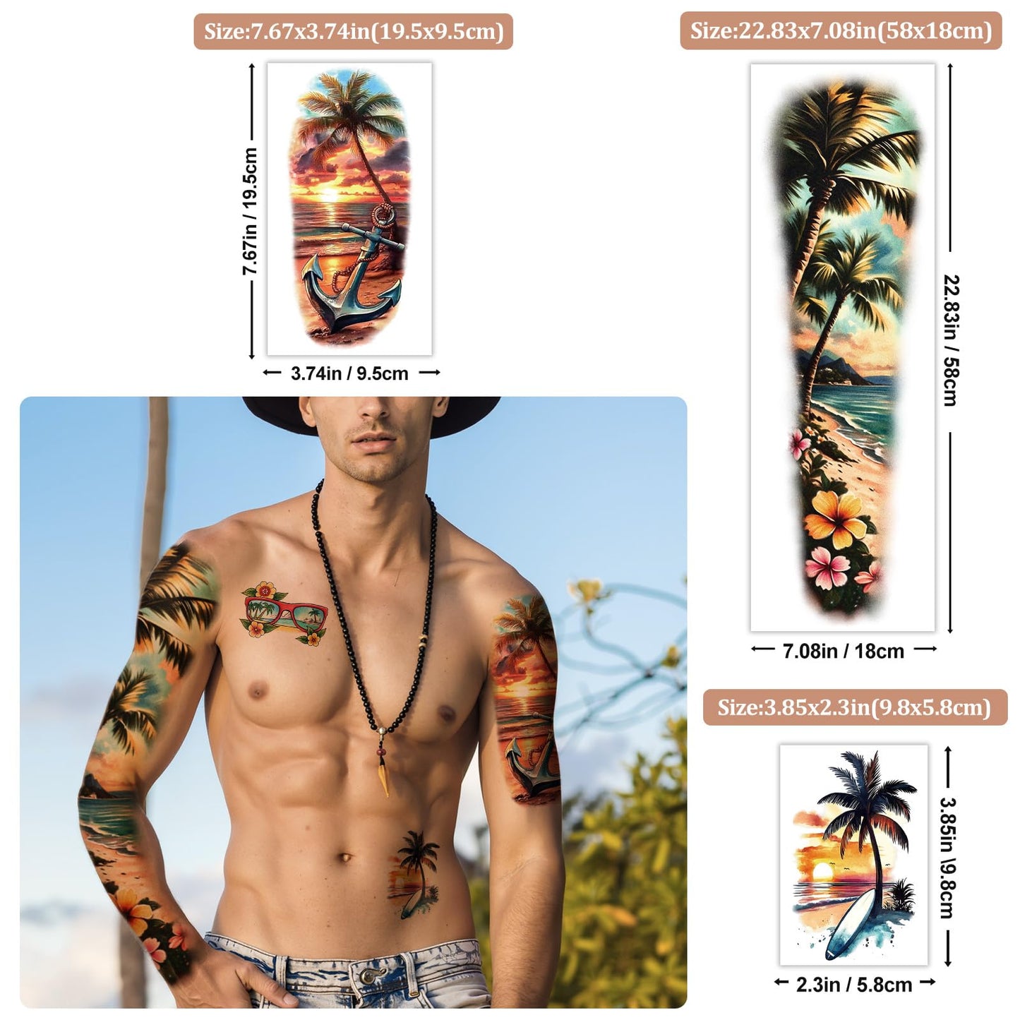 48 Sheets Full Arm Temporary Tattoos for Adults - Waterproof Tropical Summer Beach Party Fake Tattoo Stickers - Hawaiian Floral Palm Sunset Designs for Women Men