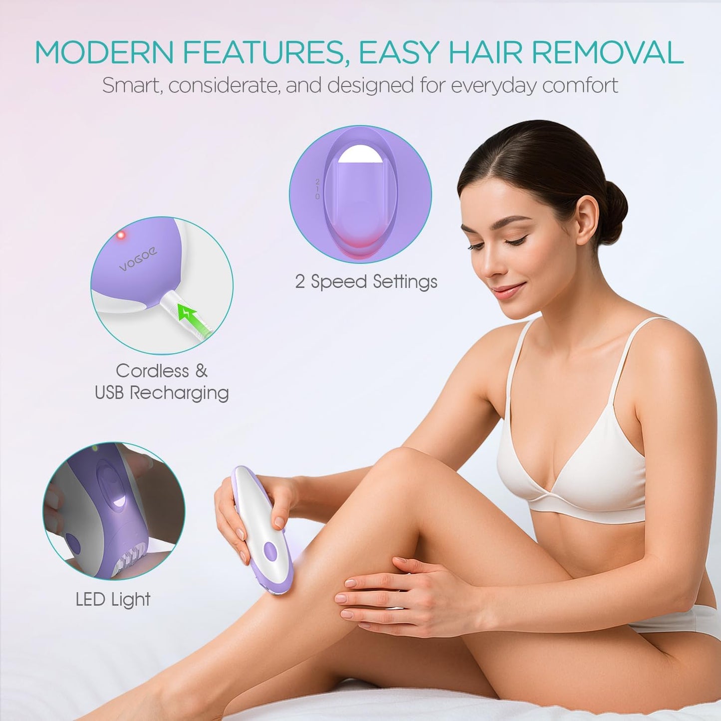 Epilator for Women - Cordless 4-in-1 Hair Removal Device with 21 Tweezers | Purple HR310