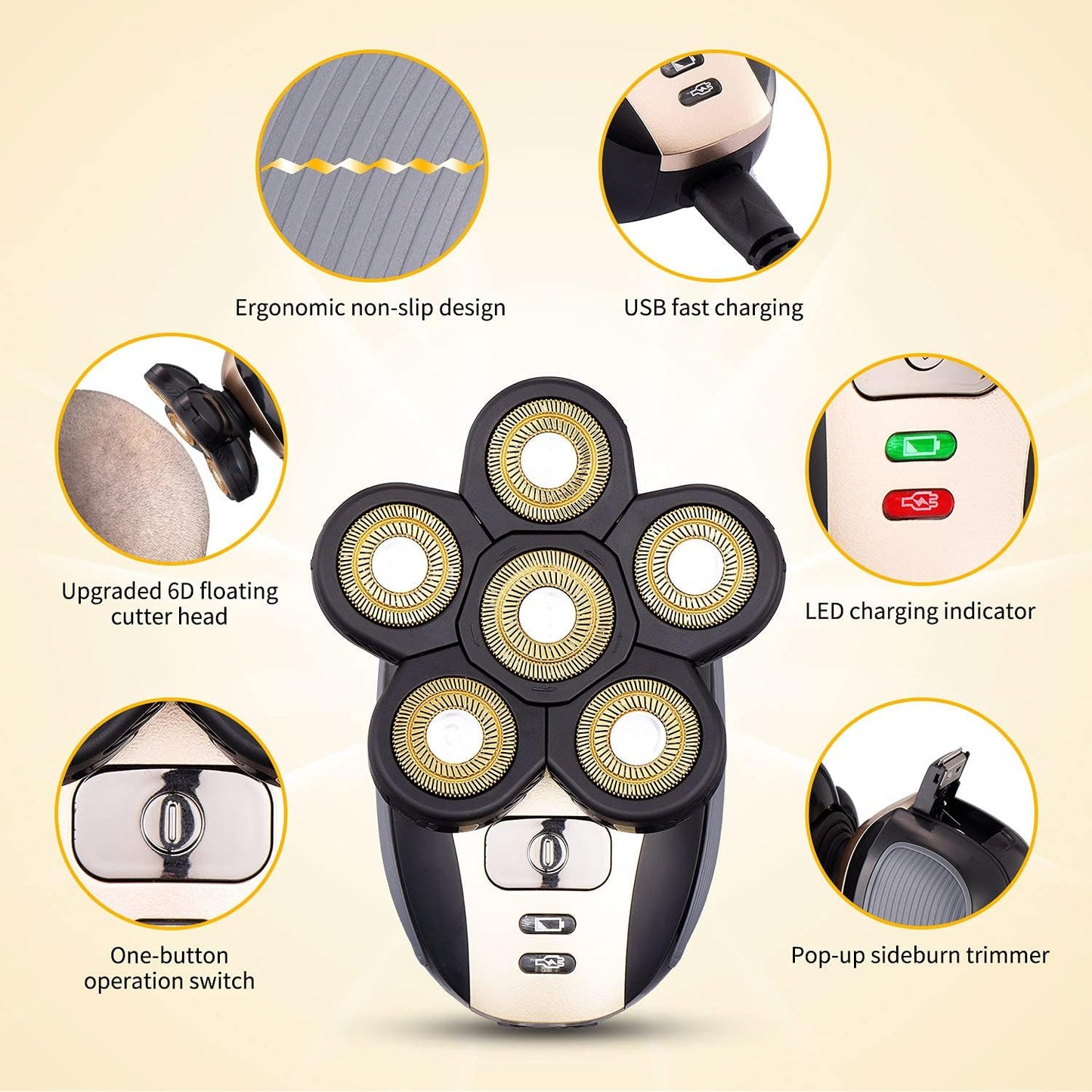 Multifunctional Head Shaver for Men - Waterproof Cordless Electric Razor Grooming Kit | Rechargeable Gold