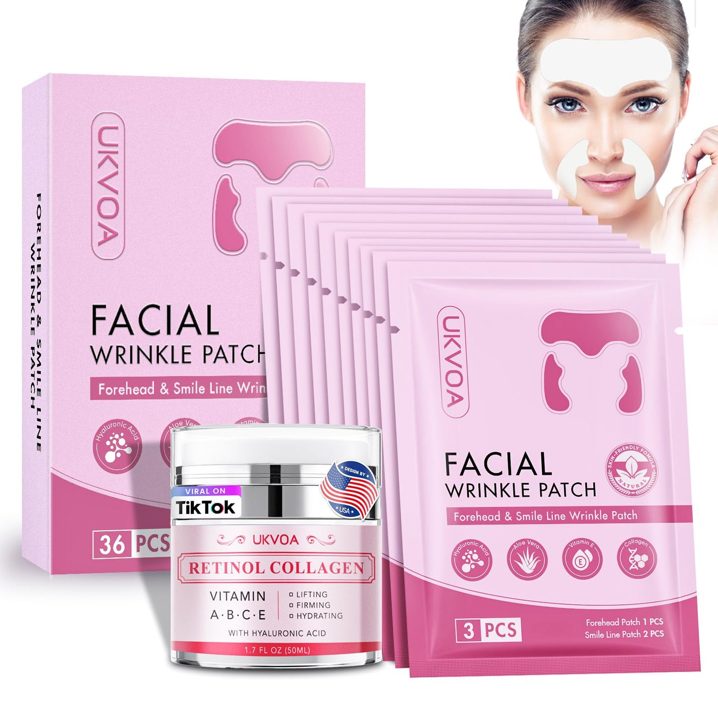 UKVOA Forehead Wrinkle Patches & Smile Line Patches, Overnight Facial Wrinkle Treatment with Hyaluronic Acid, Aloe, Collagen & Vitamin E to Lift Smile Lines for Women 36pcs with Face Retinol Cream