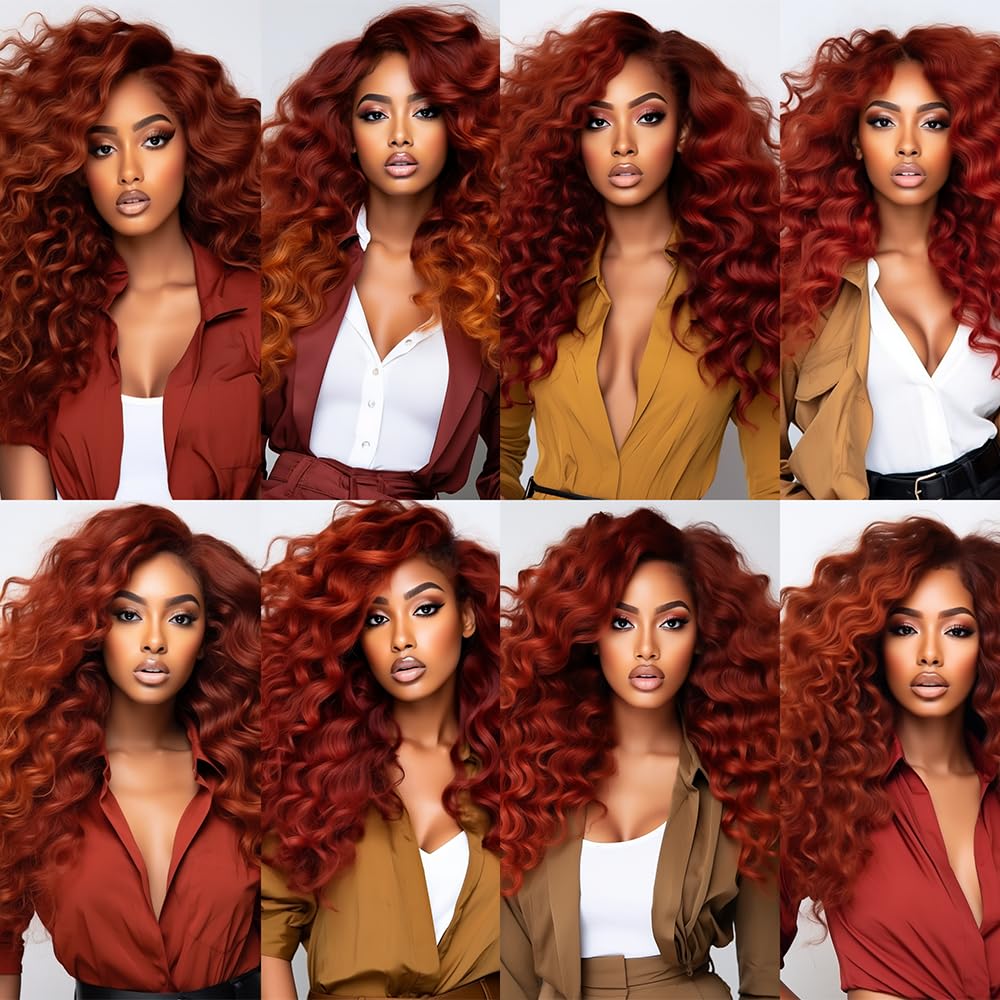 Niciitysi Color 33 Human Hair Reddish Brown Deep Wave Bundles 8 10 12 inch Double Weft Brazilian Copper Red Hair Extensions Auburn Deep Curly Bundles Silky Soft for Women