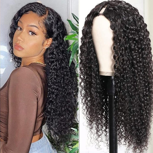 BDBDBD Curly V Part Wig Human Hair With Elastic Upgrade U Part Human Hair Wig No Leave Out V part Wig Curly 180% Density Begin ner Frie ndly No Gl ue No Sew In Natural Black COLOR 12 Inch
