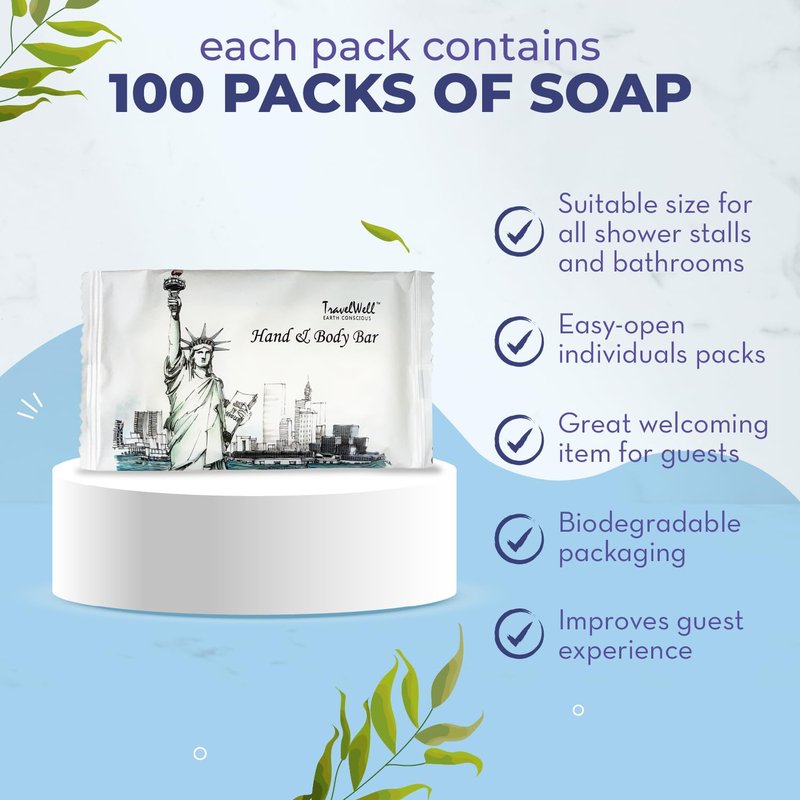 Travelwell Rectangular Bar Soap - Individually Wrapped Hotel-Style Bars - Compact Travel Soap for Toiletry Kits - Bulk Toiletries for Hotels & Care Kits - Pack of One Hundred, 0.5 lb