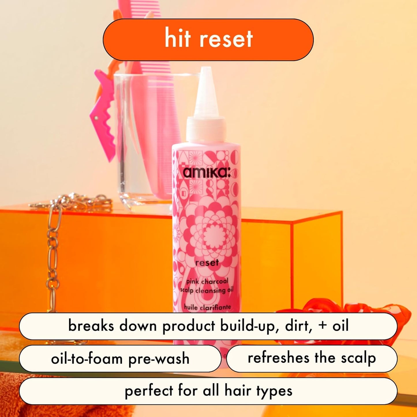 Amika Reset Pink Charcoal Scalp Cleansing Oil - Unisex 6.7 oz | Deep Clean & Refresh Hair