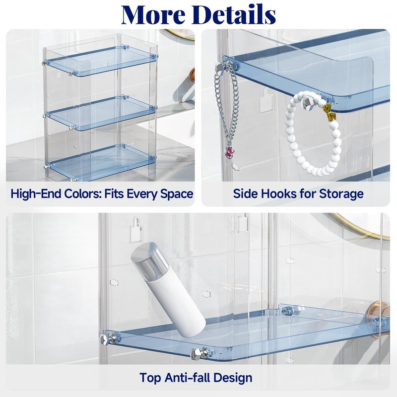 Delamu Bathroom Countertop Organizer, 3 Tier Adjustable Corner Makeup & Skincare Organizer with Protective Guard Rail, Transparent Design for Vanity, Bathroom Counter, Ideal for Girls