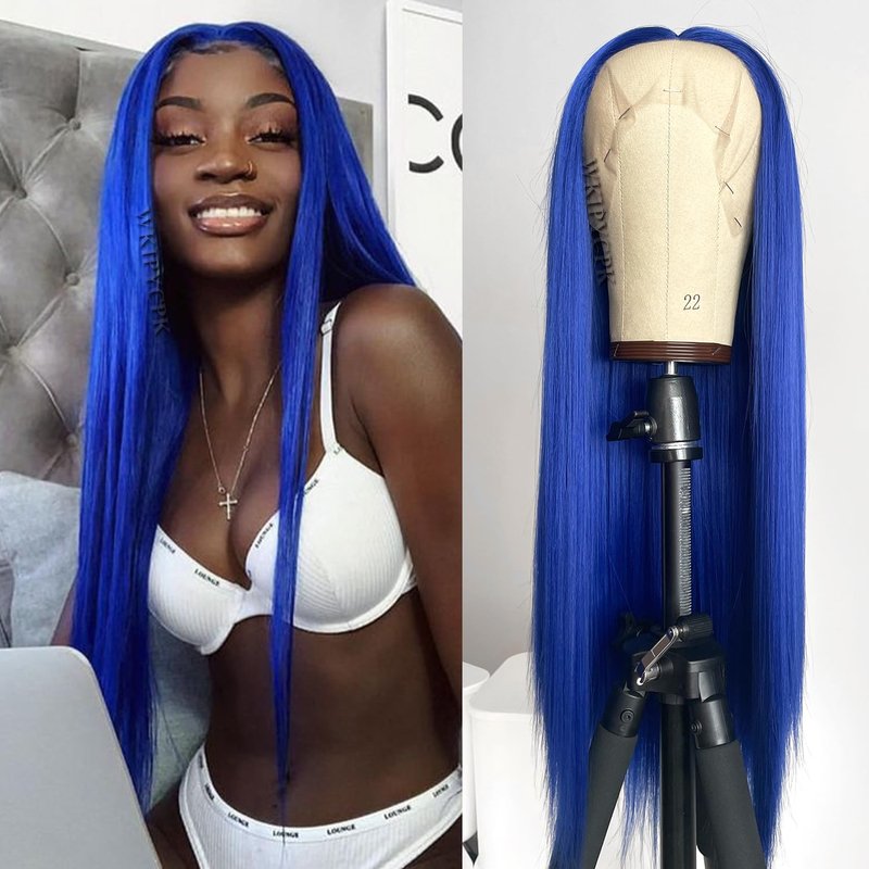 WKIPYCPK Blue Synthetic Lace Front Wig, Long Straight Dark Blue Lace Front Wig Pre Plucked Natural Hairline, Heat Resistant Fiber Hair Navy Blue Lace Front Synthetic Wigs for Fashion Woman