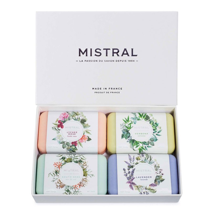 Mistral Classic French Bar Soap Assorted Set, 7 oz x 4 Bars | Triple-Milled Luxury Natural Soap with Organic Shea Butter & Olive Oil | Long-Lasting Moisturizing Body Soaps for Women & Men