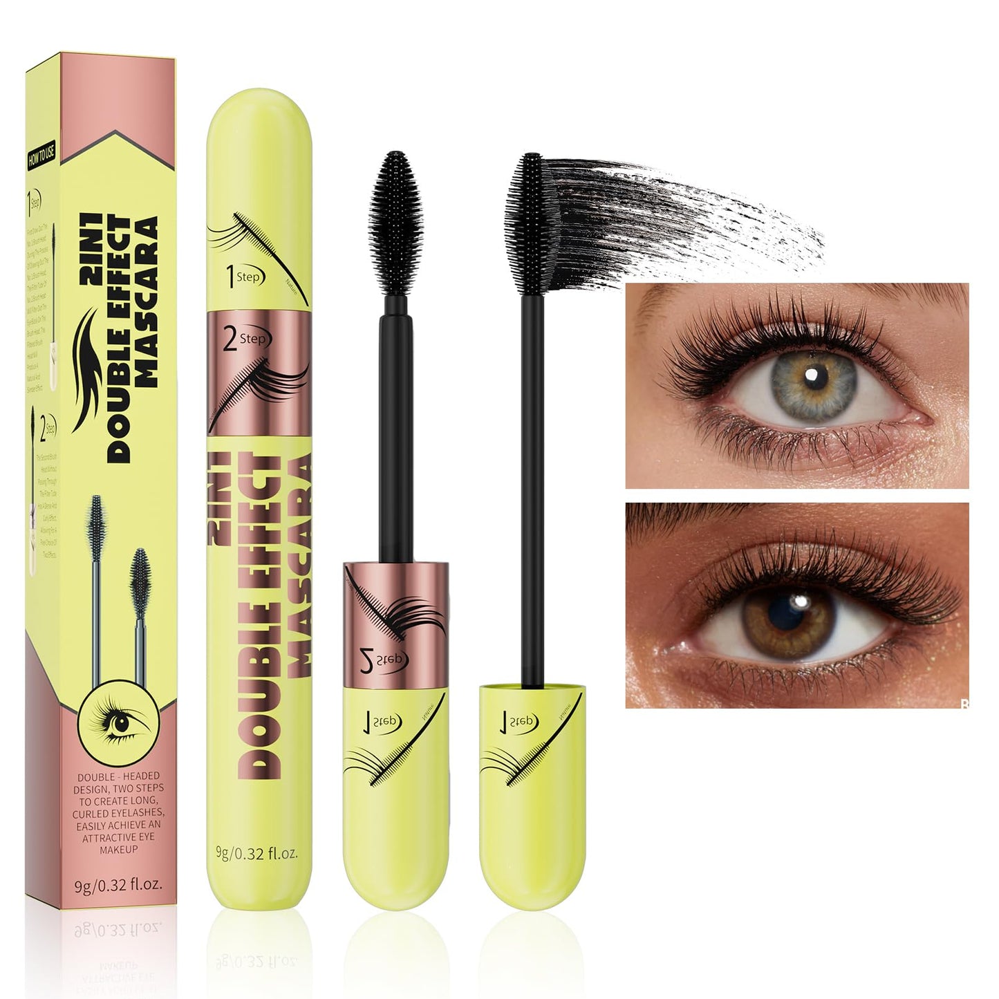 Dual-effect mascara, black and brown