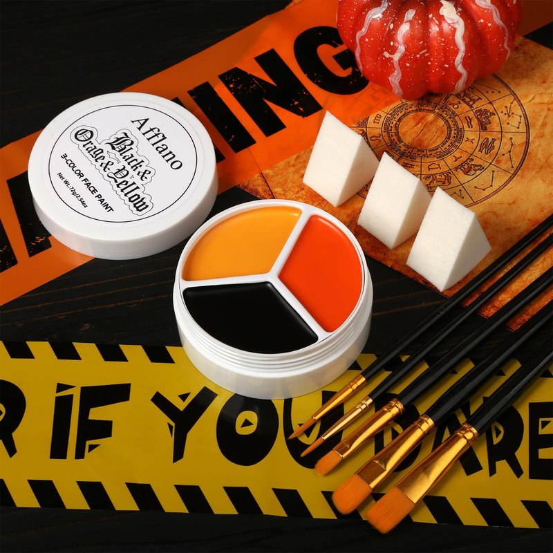 Black Yellow Orange Face Body Paint Kit, Pumpkin Halloween Makeup Cream Bodypaint with Brushes & Sponge Applicators , Facepaint Set for Scarecrow Clown Tiger Lion Fox Costume Cosplay SFX Looks