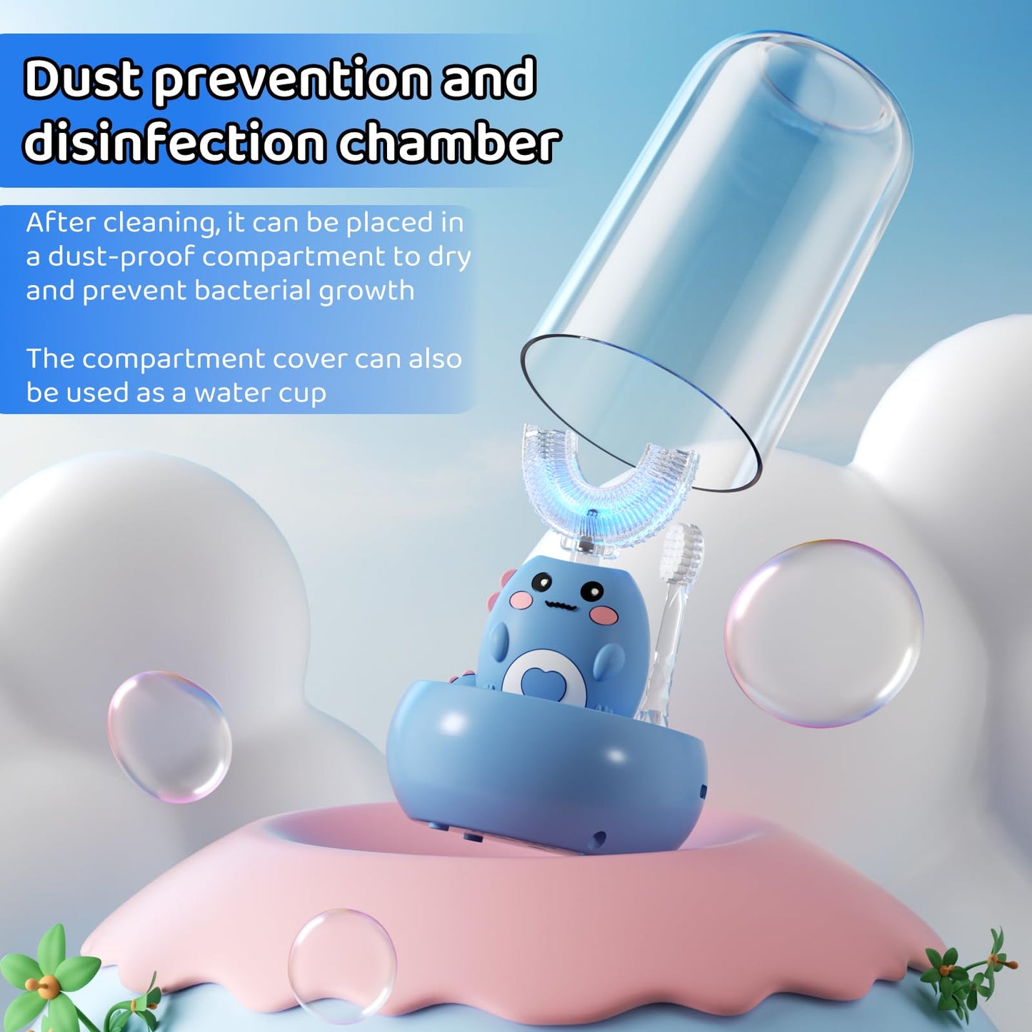 Lwalaneng Kids U Shaped Electric Toothbrush, with 3 Cleaning Modes, with 4 Brush Heads, 360° Sonic Automatic Toothbrush, IPX7 Waterproof Cartoon Dinosaur Design (Ages 2-12)