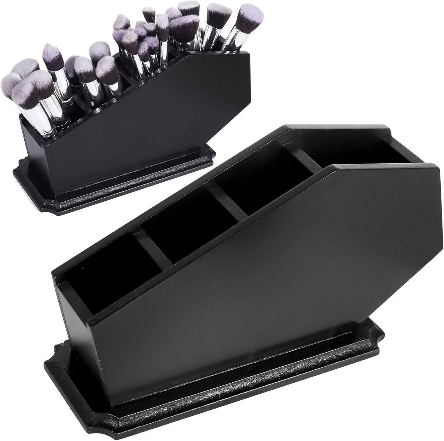 Gothic Wooden Coffin Brush Holder - Spooky Makeup Organizer for Vanity | Black - 11x6x4 Inches
