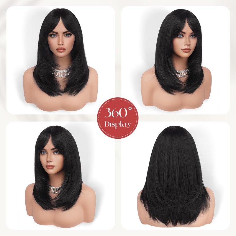 SOFEIYAN Black Wigs with Bangs 16 Inch Long Straight Layered Wig Natural Looking Soft Heat Resistant Synthetic Medium Length Hair Wigs for Women Daily Party Use