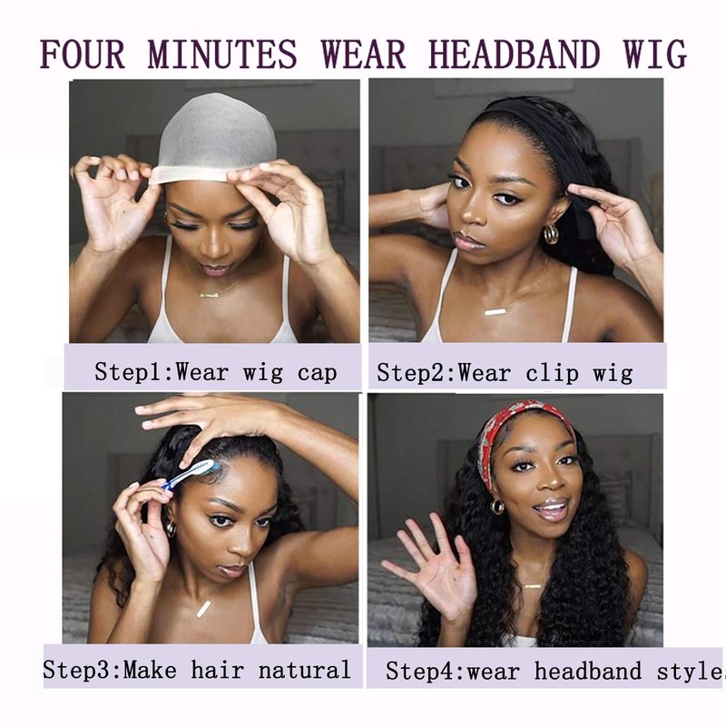 Semicaopㅤ Headband Wig Human Hair Curly Wigs for Black Women 14 inch Wigs Human Hair Glueless Wear and Go None Lace Front Wig Headband Wigs Machine Made 150% Density Natural Color