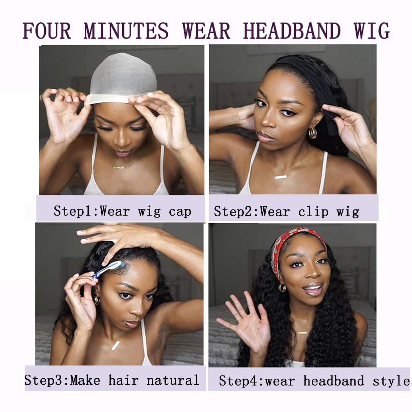 Semicaopㅤ Headband Wig Human Hair Curly Wigs for Black Women 14 inch Wigs Human Hair Glueless Wear and Go None Lace Front Wig Headband Wigs Machine Made 150% Density Natural Color