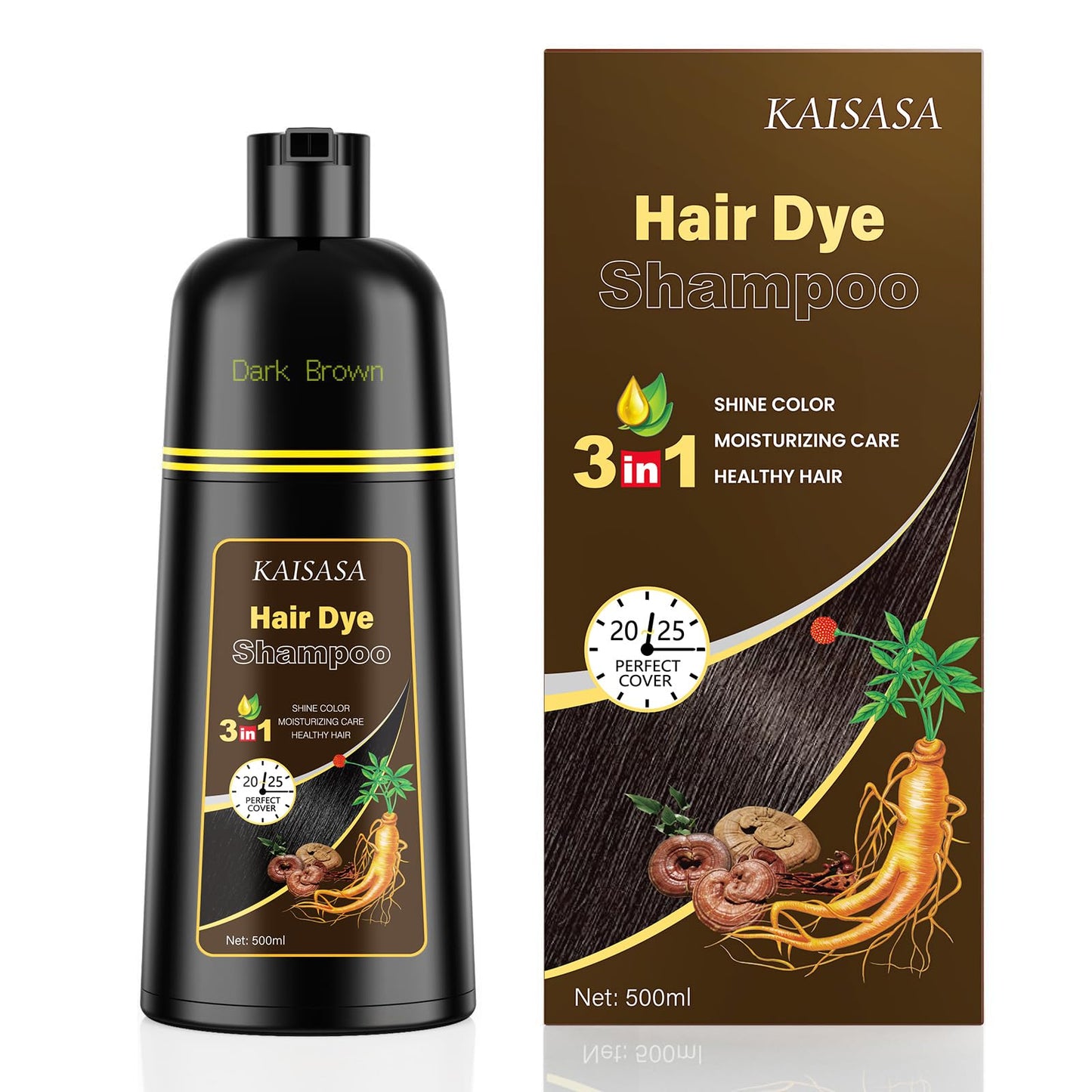 KAISASA Dark Brown Hair Dye Shampoo 3 in 1, Hair Color Shampoo for Women and Men, Hair Dye to Cover Gray Hair, Herbal Ingredient Shampoos for Grey Hair Coverage 500ml (Dark Brown)