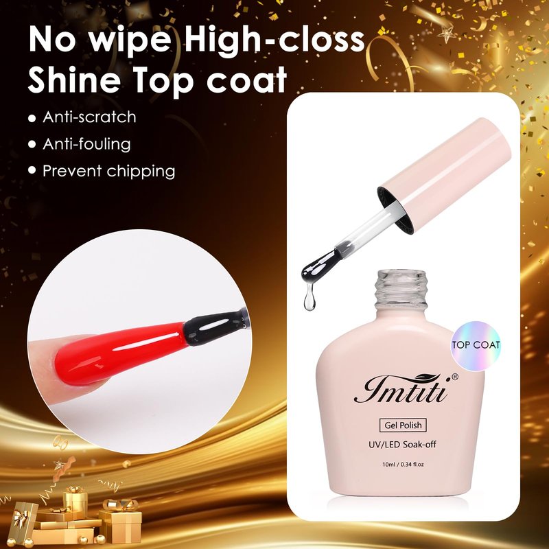 Imtiti Gel Nail Polish Top Coat - No Wipe Glossy Shine Finish Long Lasting 10ml Soak Off UV LED Clear Gel for Salon Quality Nail Art Design at Home