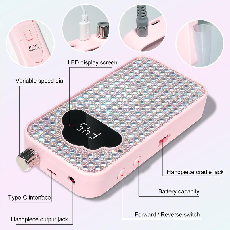 LIMEGIRL Professional Electric Nail File Drill Bits Kit 45000RPM for Acrylic Toenail Machine Clippers with 14 Drill Bit Gradient Pink Glitter Portable Rechargeable Cordless
