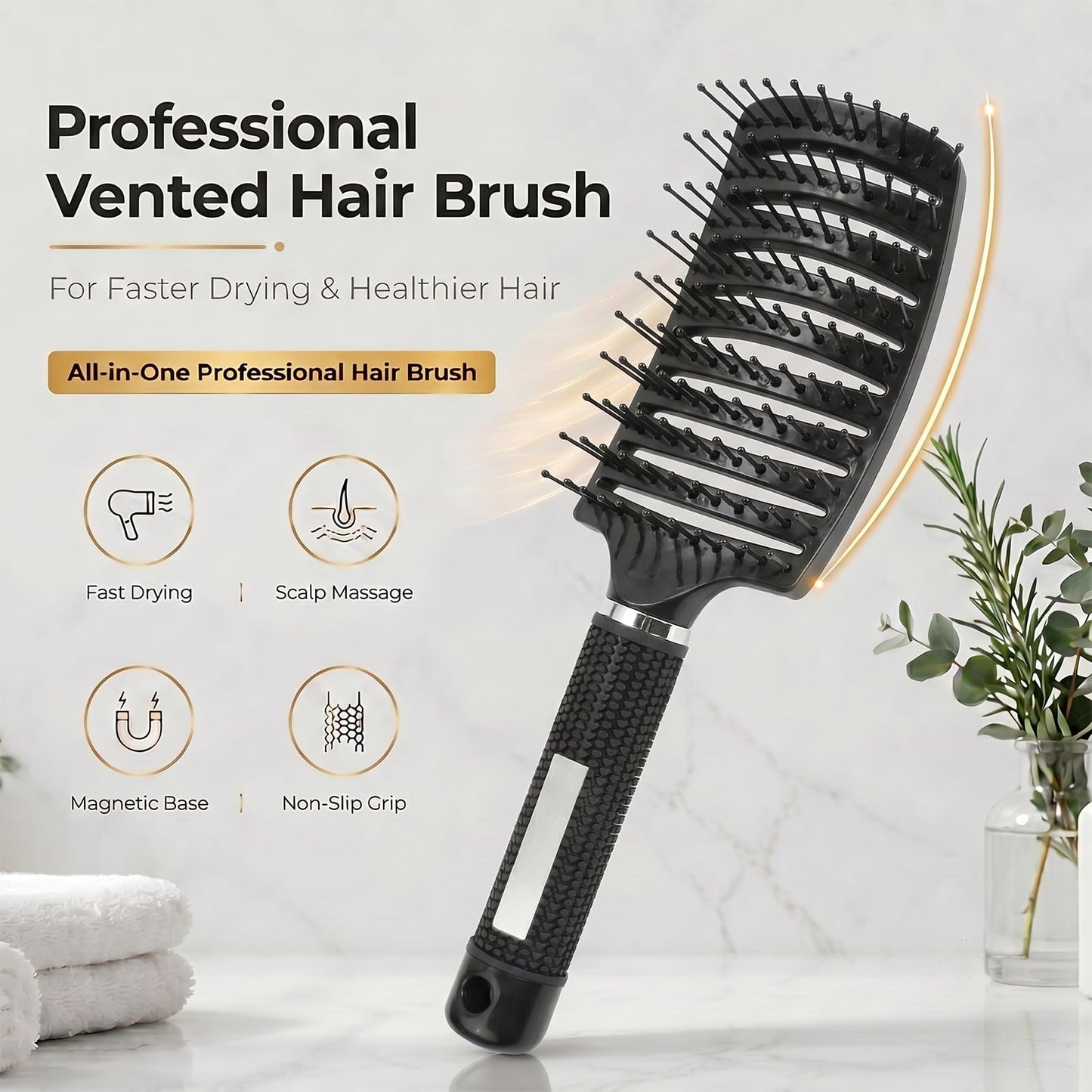 FIXBODY Detangling Vented Curved Hair Brush for Women Men Kids Wet Dry Use (Black-Nylon)