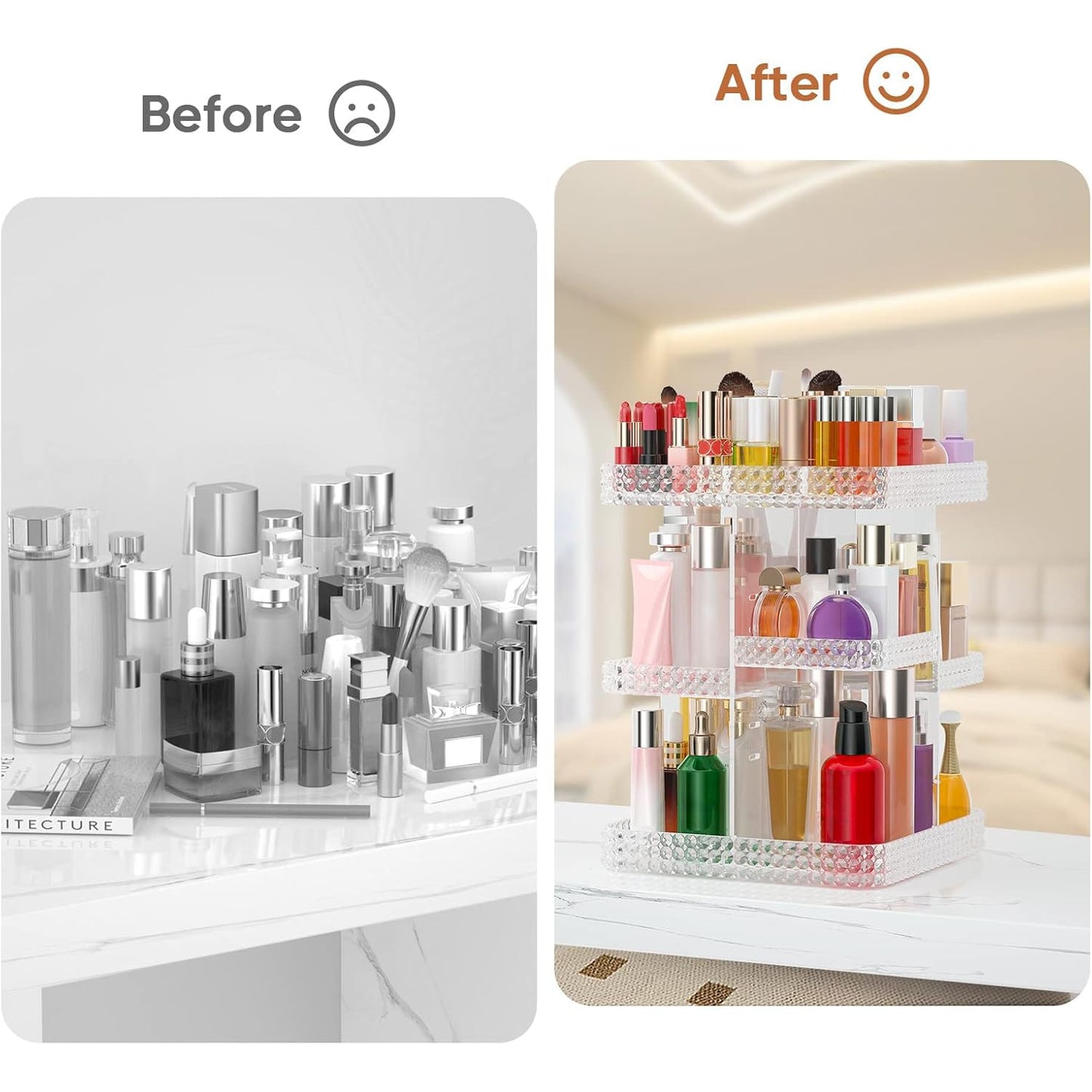 DALEMKY 360 Rotating Makeup Organizer - Black Acrylic Makeup Storage for Vanity, Cosmetic Organizer with Lotion and Perfume Holder for Dresser